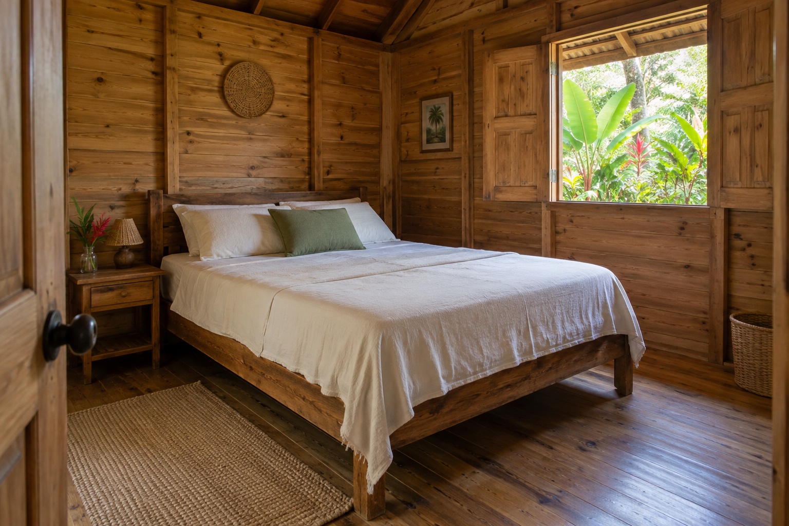 A timber bedroom with one bed, white bedding and a window toward tropical greenery