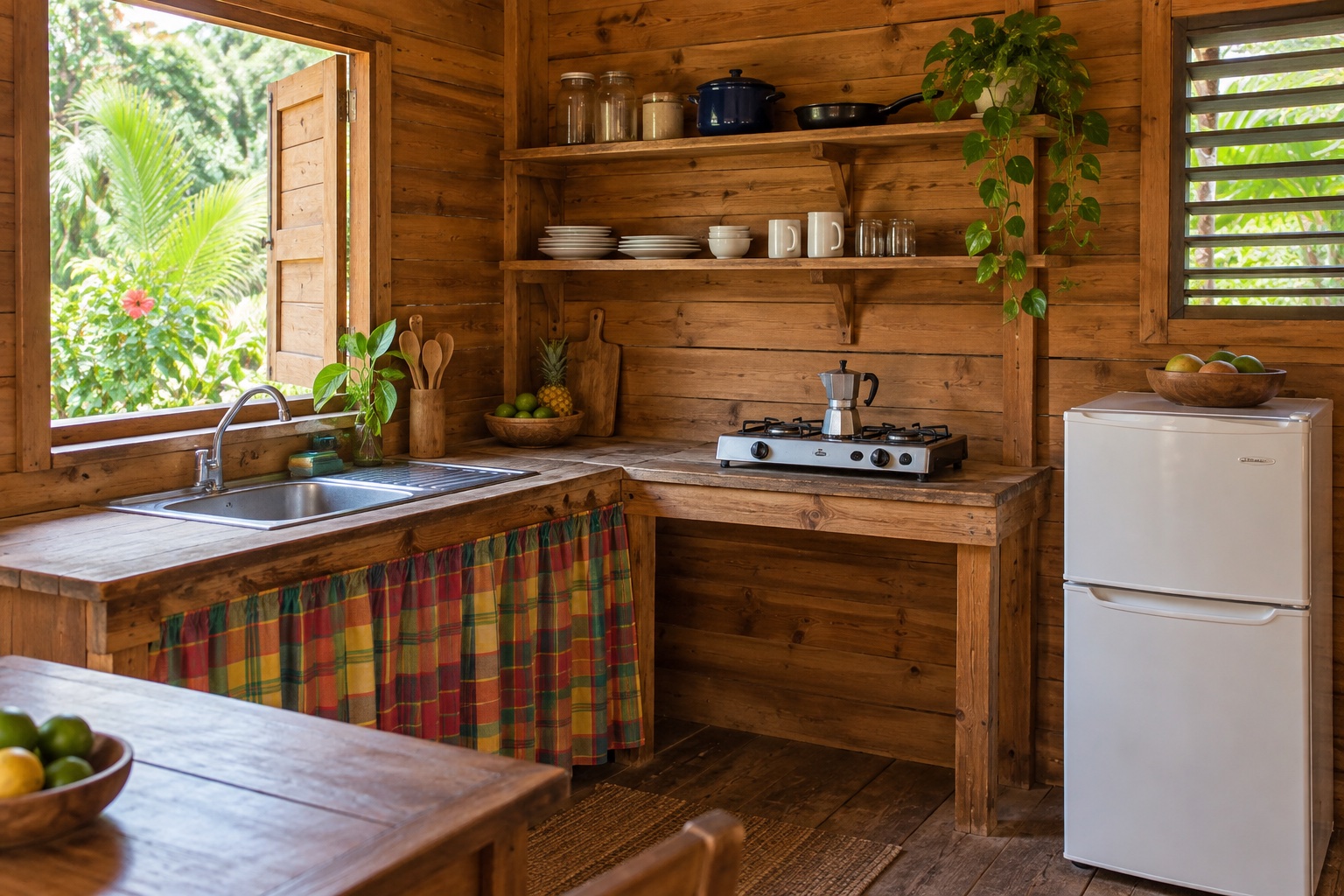 A compact timber kitchen with a stove, fridge and cooking space